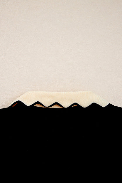 Black Scallop Trim Color Block Long Sleeve Collared Top