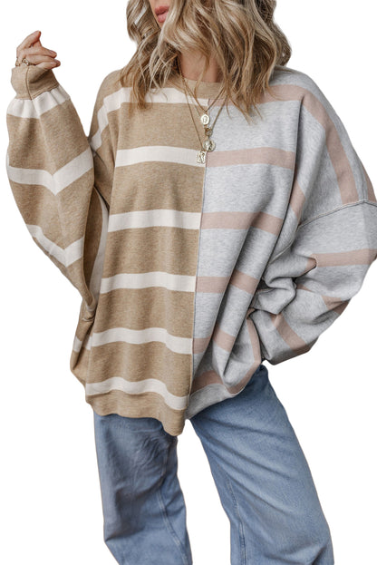 Khakifarbener Oversize-Pullover mit Farbblockdesign und Streifen