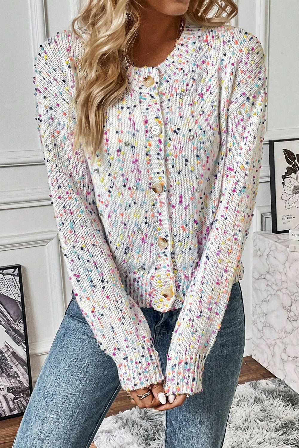 Weißer mehrfarbiger Konfetti-Pullover-Cardigan