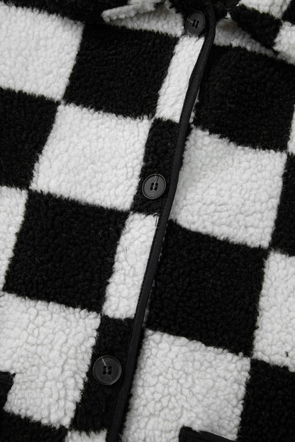 Schwarze, karierte Fleecejacke mit Seitentaschen, Kragen und Knöpfen