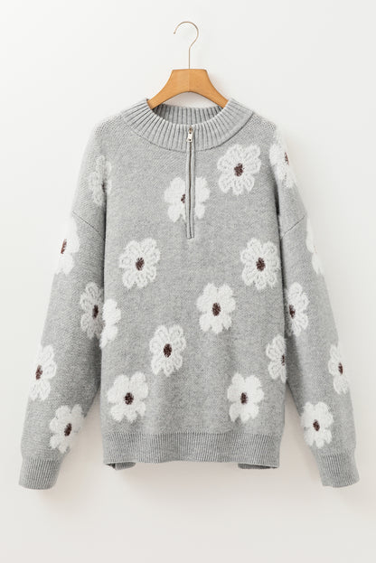 Grauer Pullover mit halbem Reißverschluss und Blumenmuster in Übergröße