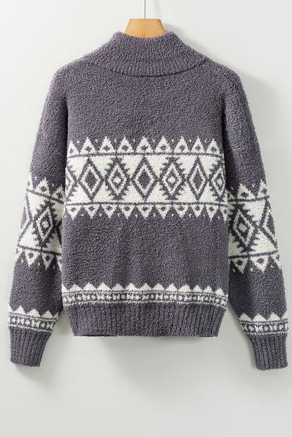 Grauer Pullover mit Viertelreißverschluss und geometrischem Western-Print
