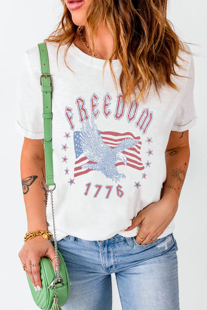 Weißes FREEDOM Adler Flaggendruck 1776 Grafik T-Shirt