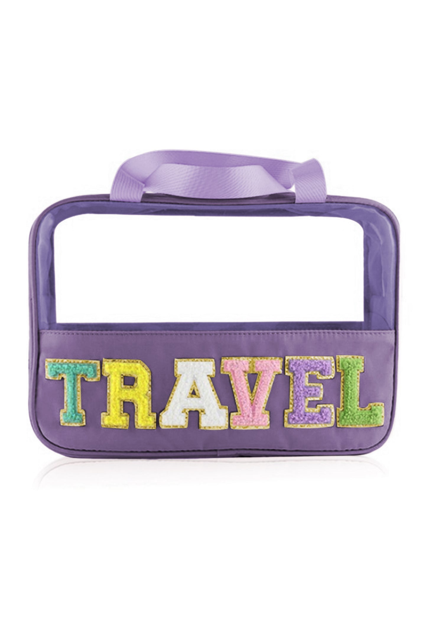 Lilafarbene Kosmetiktasche aus Chenille mit Buchstaben, transparent, PVC