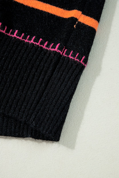 Schwarzer Pullover mit bunten Streifen und Rippenbesatz