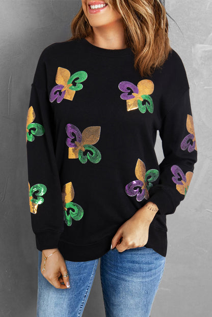 Schwarzes Pullover-Sweatshirt mit Mardi Gras-Grafik und Pailletten