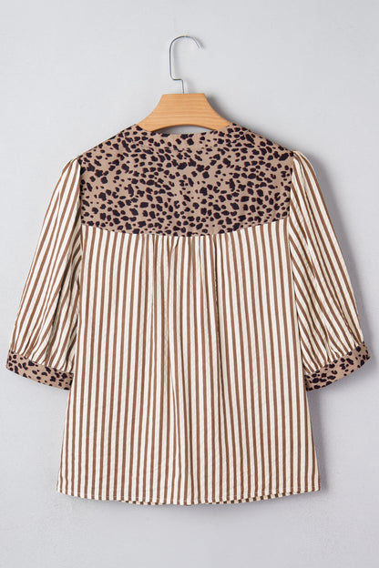 Brown Stripe Leopard Trim V Neck Button Down Half Sleeve Shirt