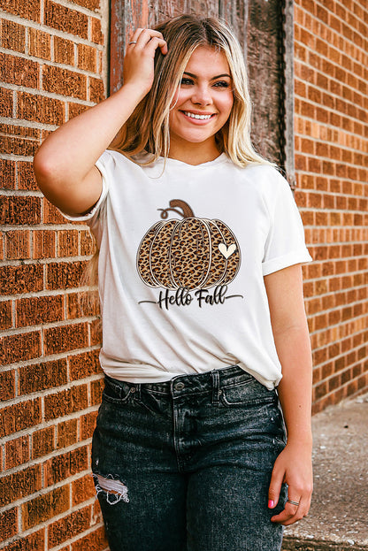 Weißes T-Shirt mit „Hello Fall“-Print und Leoparden-Kürbis-Motiv