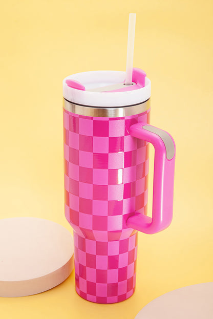 Edelstahlbecher mit Griff und Karomuster in leuchtendem Pink, 1,2 l