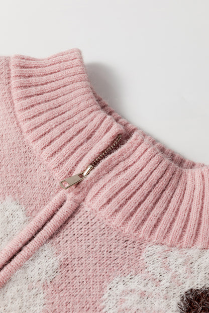 Rosa Pullover mit Blumenmuster und halblangem Reißverschluss sowie überschnittenen Schultern