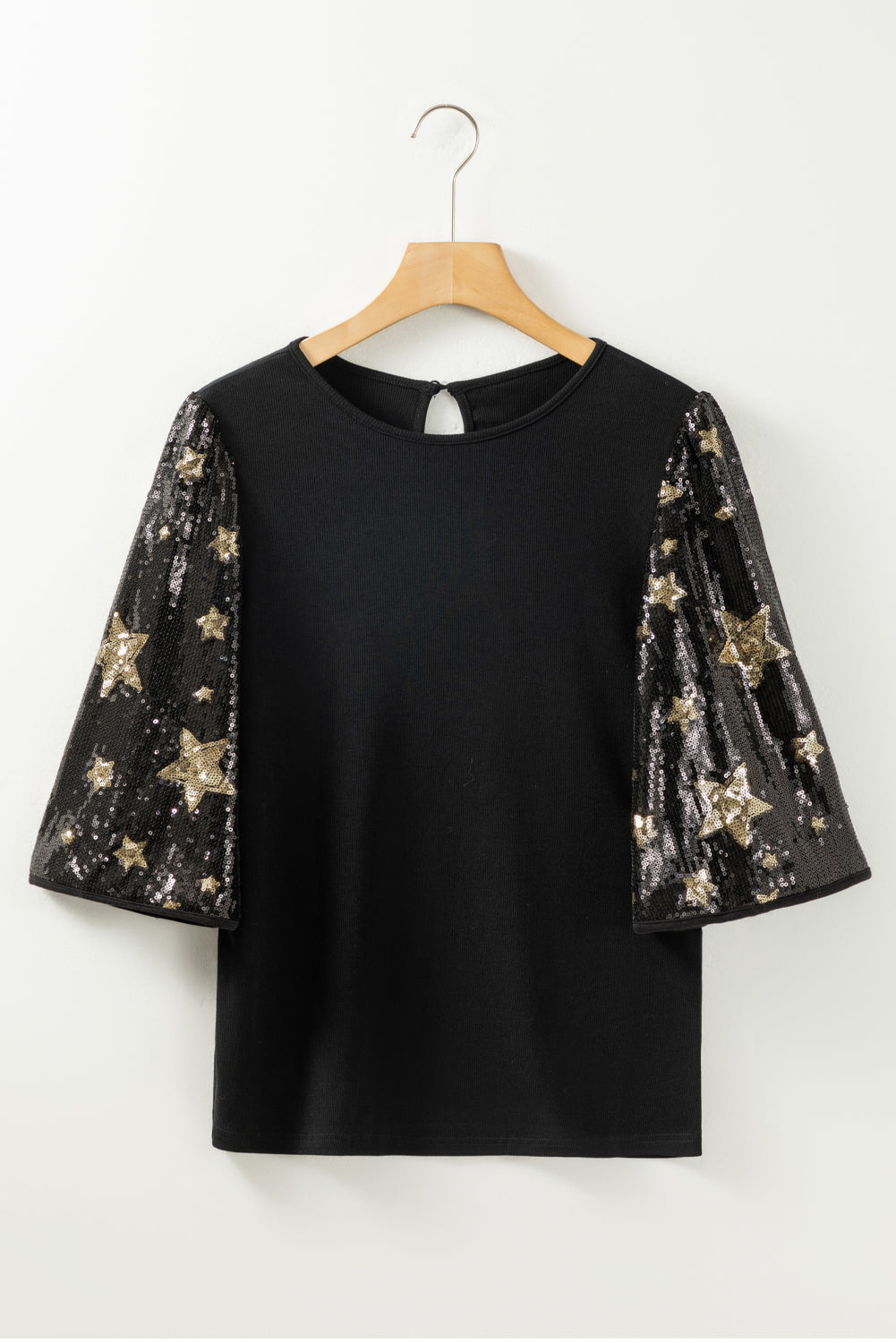 Schwarzes Top mit halblangen Ärmeln und Pailletten