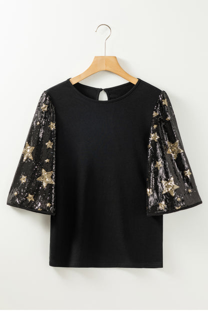 Schwarzes Top mit halblangen Ärmeln und Pailletten