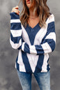 Blau gestreifter Colorblock-Strickpullover mit V-Ausschnitt