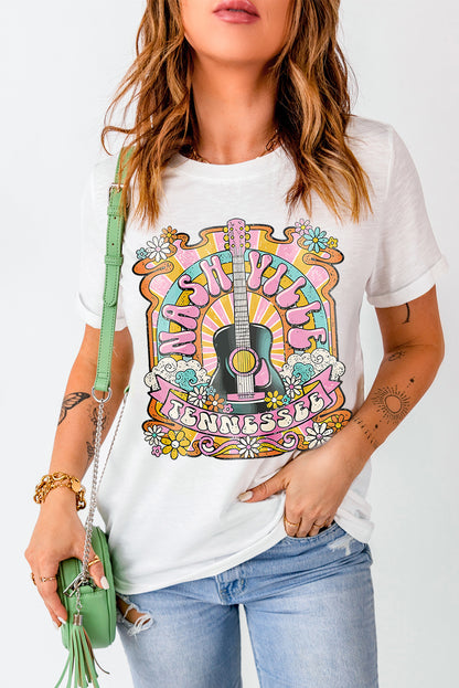 Weißes Country-Musik-T-Shirt mit NASHIVILLE-Gitarrengrafik