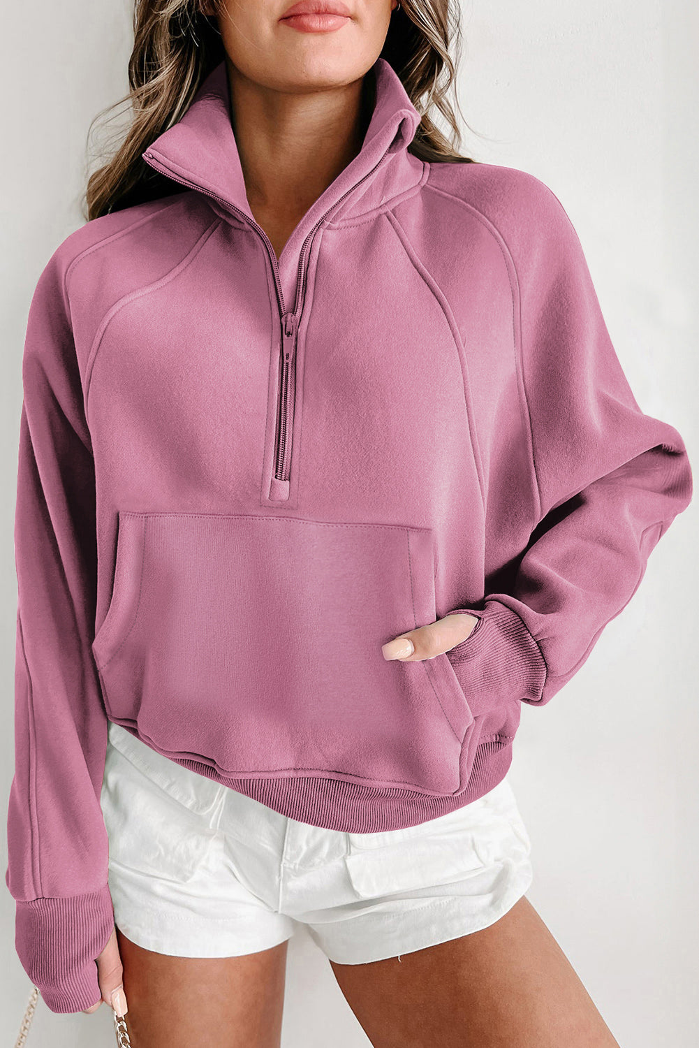 Sweatshirt mit Phalaenopsis-Fleecefutter und Reißverschluss, Stehkragen, Daumenlöchern an den Ärmeln