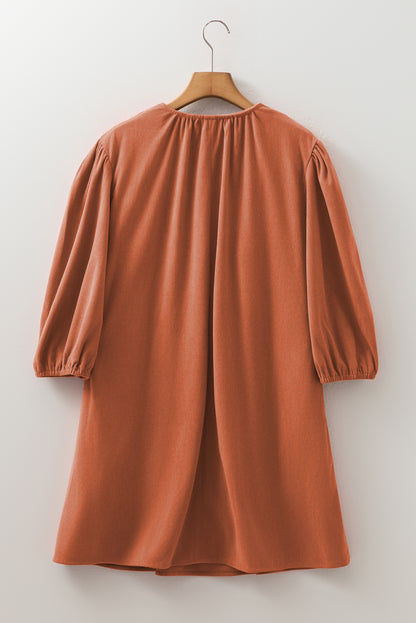 Cinnamon Bracelet Sleeve Split Neck Scallop Detail Pleated Corduroy Mini Dress