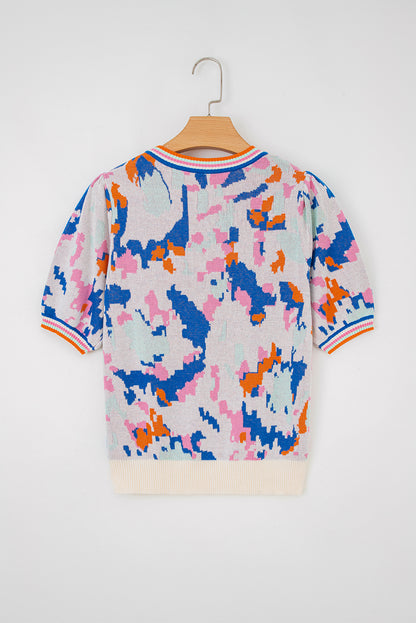 Apricot Abstract Pattern Knit Contrast Striped Trim Short Sleeve Sweater