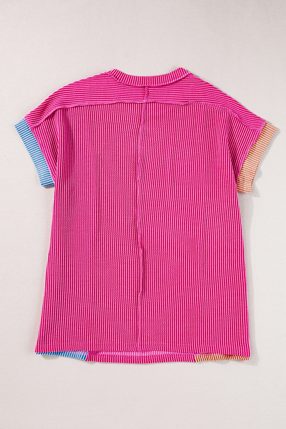Rosarotes strukturiertes Colorblock-T-Shirt mit Rundhalsausschnitt
