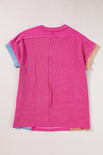 Rosarotes strukturiertes Colorblock-T-Shirt mit Rundhalsausschnitt