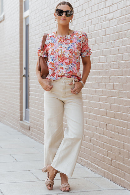 Bluse mit mehrfarbigen Blumenmuster-Mix und Puffärmeln