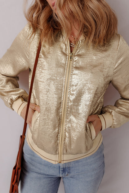 Hellkhakifarbene Baseballjacke mit Reißverschluss in Metallic-Optik