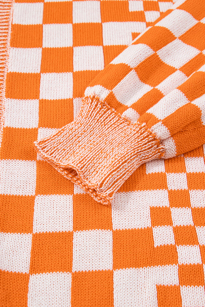Orange Checkered Bubble Sleeve Drop Shoulder Open Cardigan