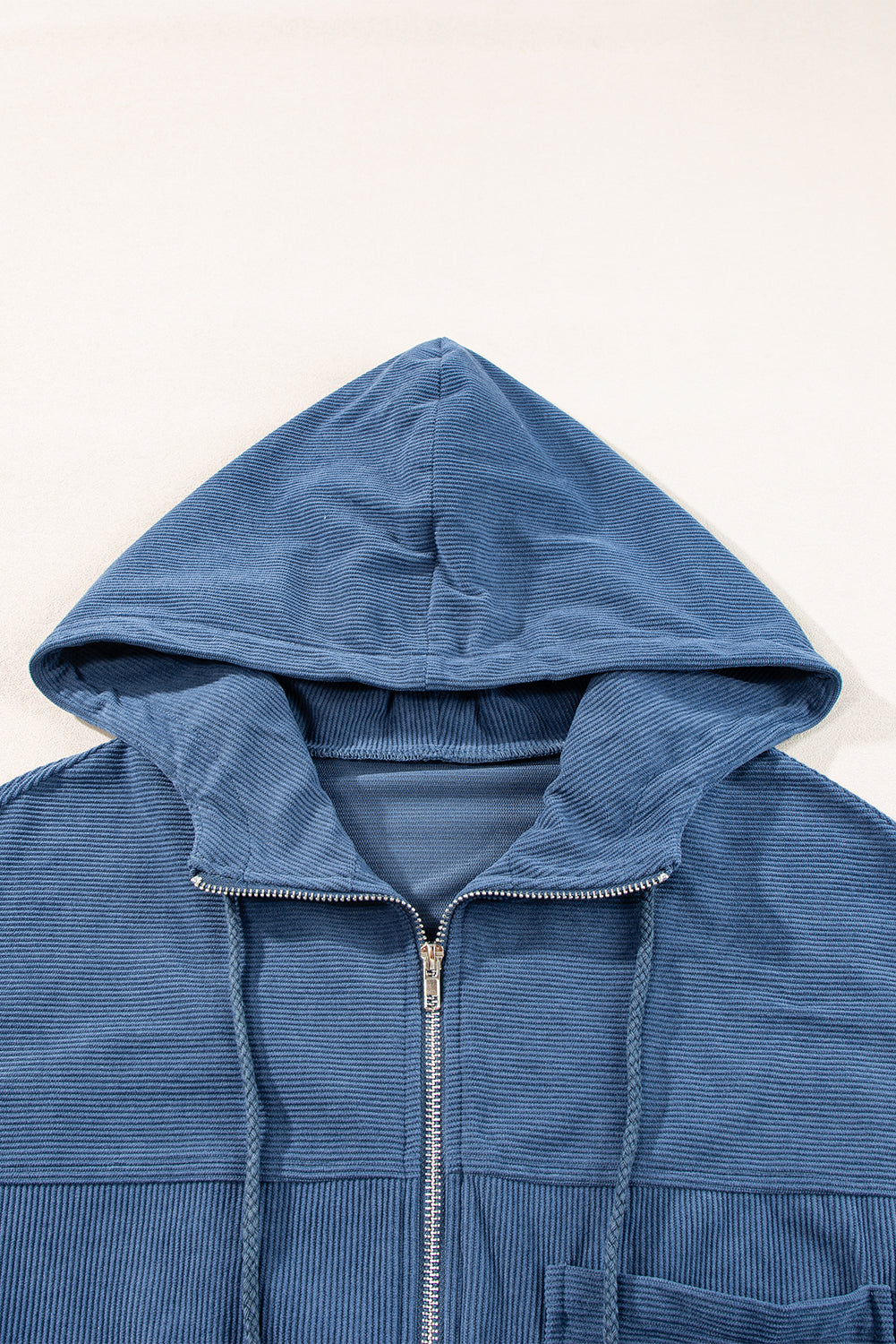 Echte blaugrüne Cordjacke mit Kordelzug, Kapuze und Reißverschluss