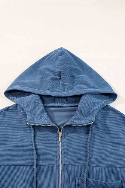 Echte blaugrüne Cordjacke mit Kordelzug, Kapuze und Reißverschluss