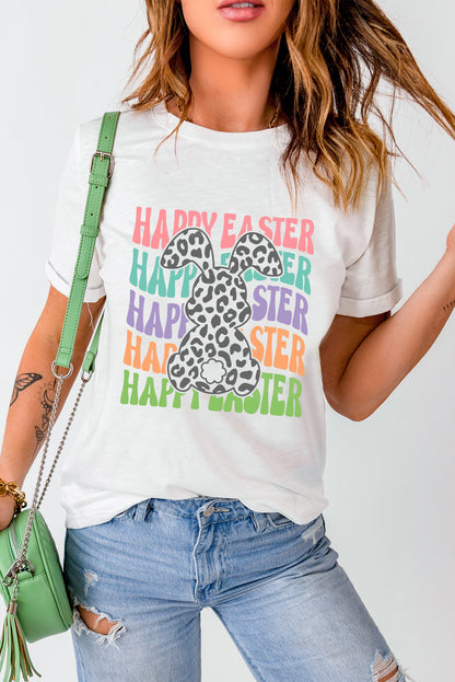 Weißes T-Shirt mit Rundhalsausschnitt und „Happy Easter“-Kaninchen-Print