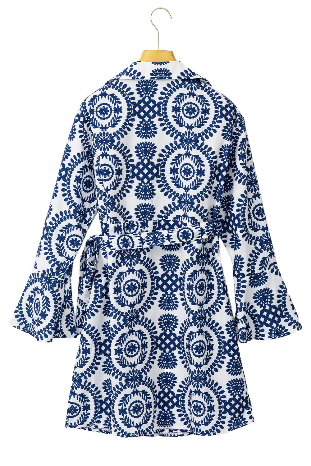Blaues Kleid mit Blumenmuster, V-Ausschnitt, Wickelknoten und langen Ärmeln
