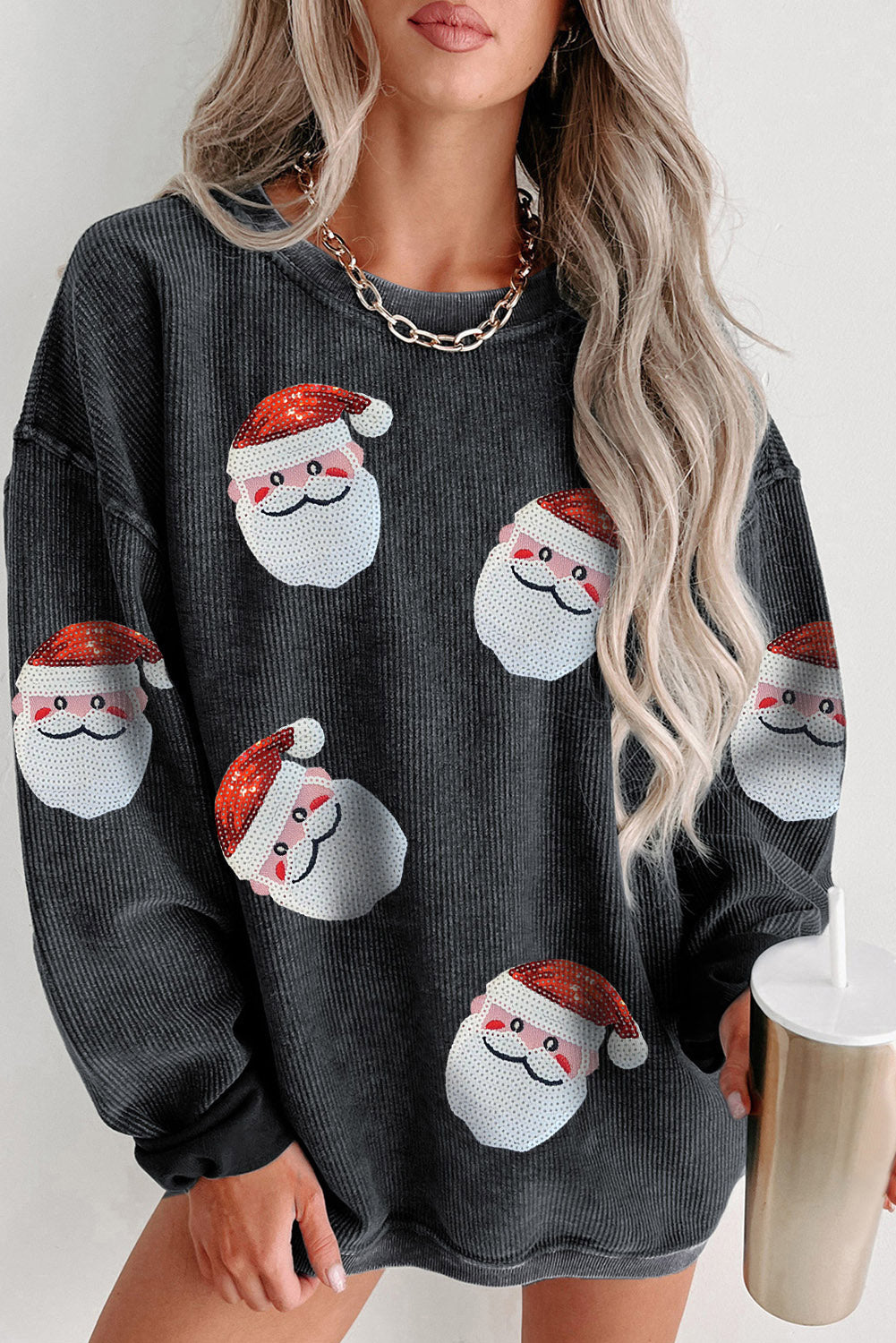 Schwarzes Weihnachts-Sweatshirt mit Pailletten und Weihnachtsmann-Kordel
