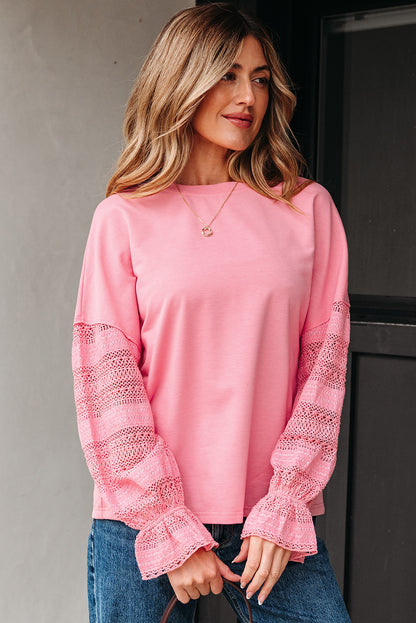 Sachet Rosa Tropfen Schulter Spitze Rüschen Ärmel Patchwork Lose Sweatshirt