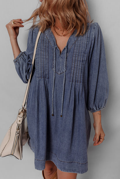 Sail Blue 3/4 Sleeve Tied V Neck Pleated Denim Mini Dress