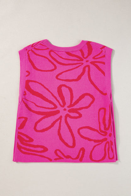 Ärmelloses Stricktop mit Blumenmuster und Knopfleiste in leuchtendem Pink