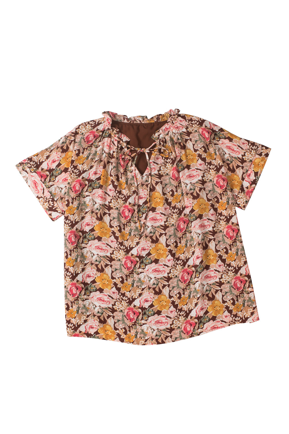 Rosa Bluse mit Blumenmuster und Ballonsaum und Schlitz am Ausschnitt