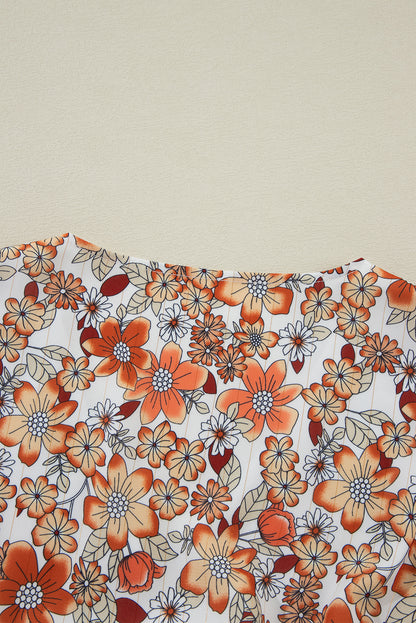 Khakifarbenes, gerüschtes, gestuftes, langärmliges Midikleid mit V-Ausschnitt und Blumenmuster