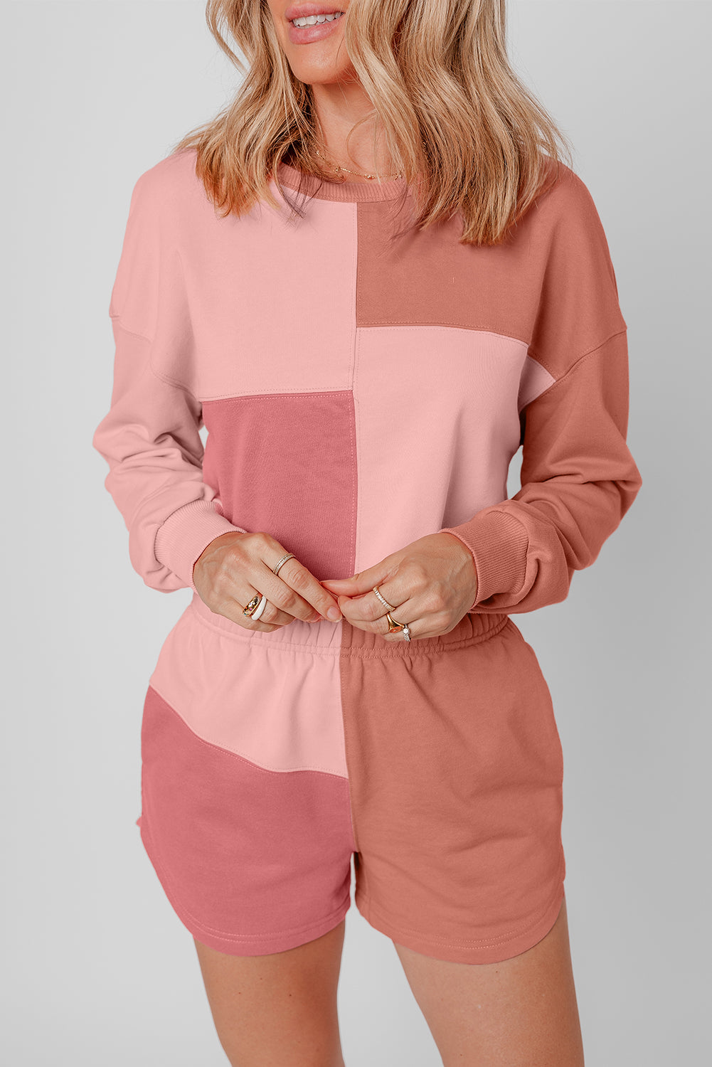 Pfirsichblüten-Colorblock-Patchwork-Langarm-Shorts-Outfit