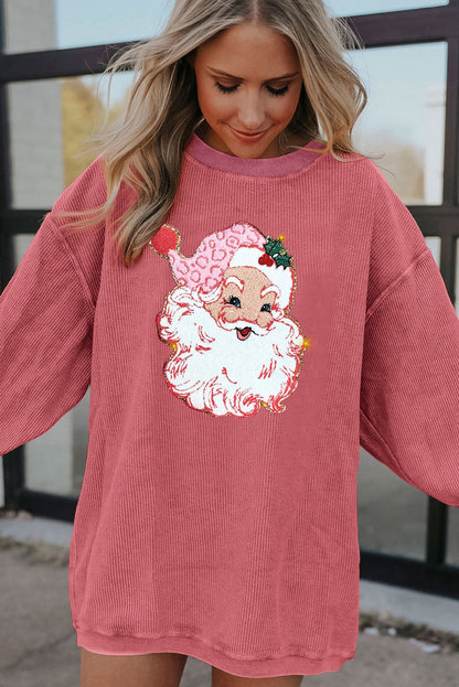 Erdbeerrosa Glitzerndes Sweatshirt mit Rundhalsausschnitt und Kordelzug mit Weihnachtsmann-Motiv