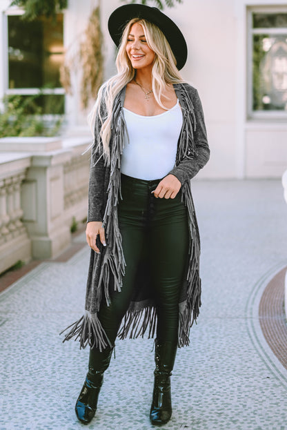 Schwarzer offener Cardigan mit Fransensaum und Taschen