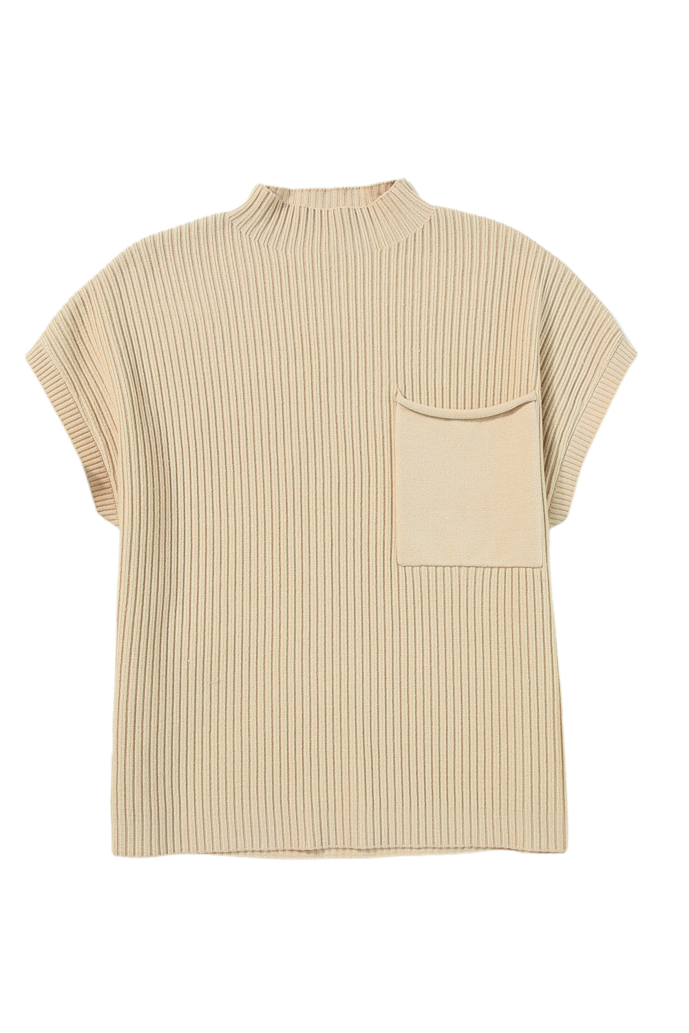Haferflockenfarbener Rippstrickpullover mit aufgesetzten Taschen und kurzen Ärmeln
