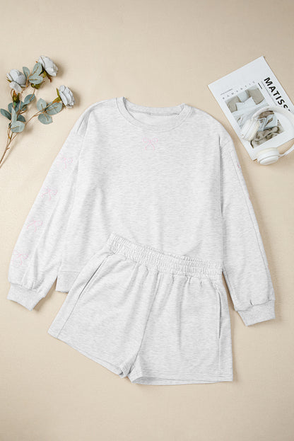 Light Grey Girly Bow Embroidered Detail Puff Sleeve Pullover 2pcs Short Set
