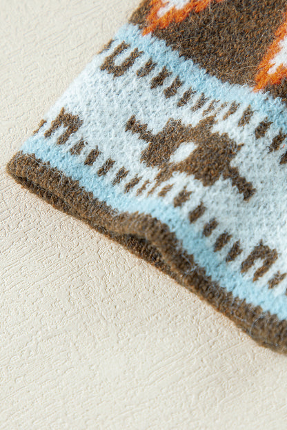 Braune Strickjacke mit offenem Vorderteil und Aztekenmuster