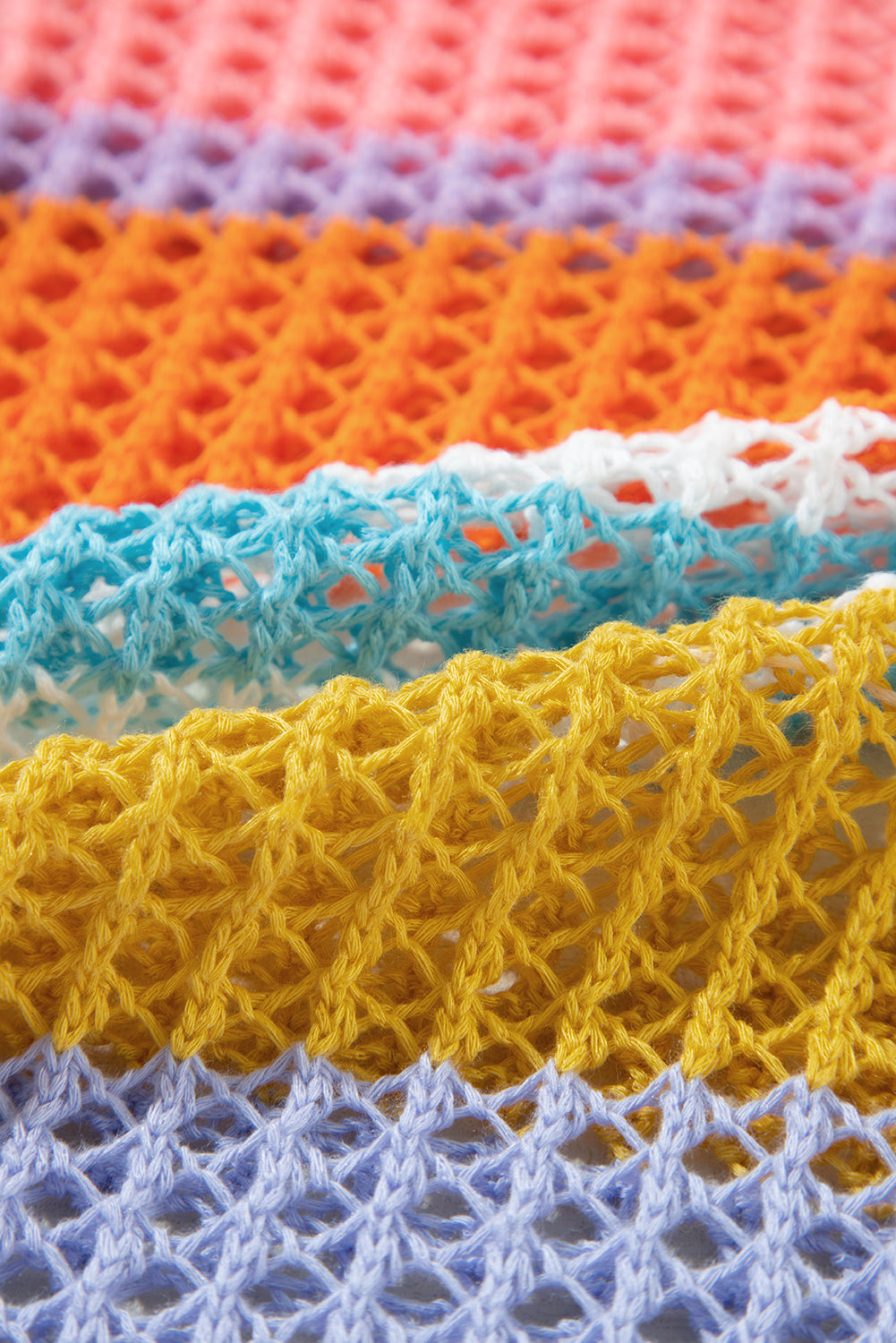 Rosa gestreifter Colorblock-Pullover mit 3/4-Ärmeln und ausgehöhltem Häkelmuster