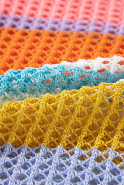 Rosa gestreifter Colorblock-Pullover mit 3/4-Ärmeln und ausgehöhltem Häkelmuster