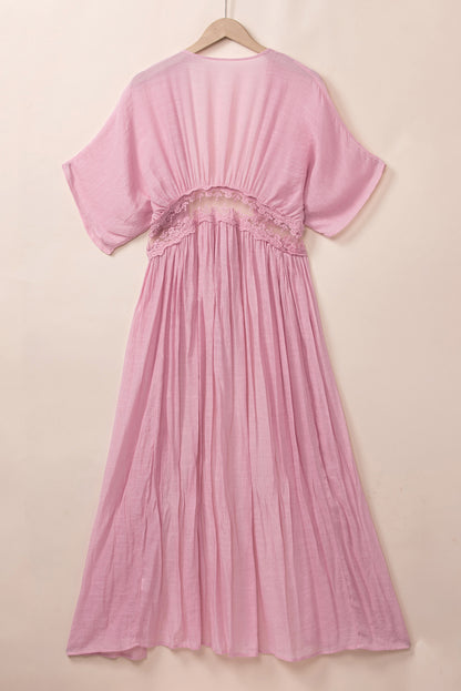 Hellrosa Maxi-Kimono mit offener Vorderseite und Spitzenspleiß