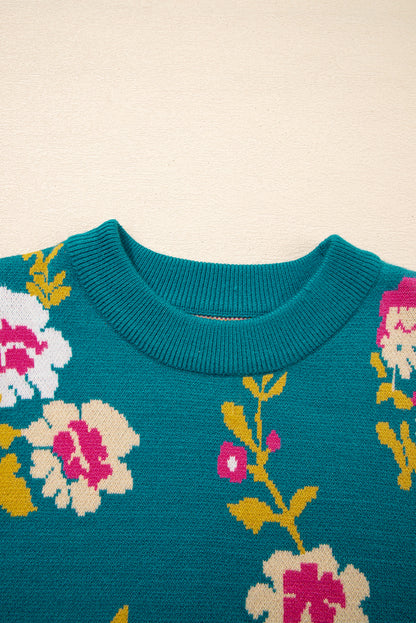 Blue Flower Pattern Mock Neck Short Sleeve Knitted T Shirt