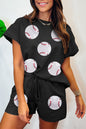 Schwarzes, trendiges, strukturiertes, paillettenbesetztes Baseball-Shorts-Set mit Grafik
