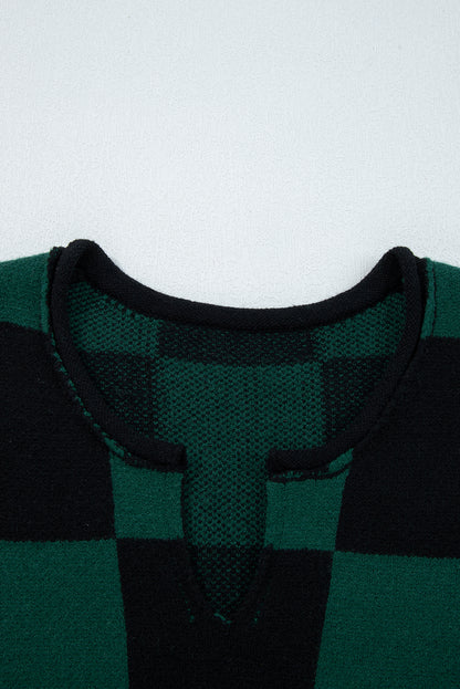 Green Checked Notched Neckline Drop Shoulder Knit Sweater
