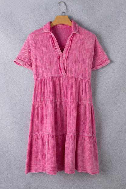 Strawberry Pink Mineral Wash Crinkle Split Neck Raw Hem Tiered Dress