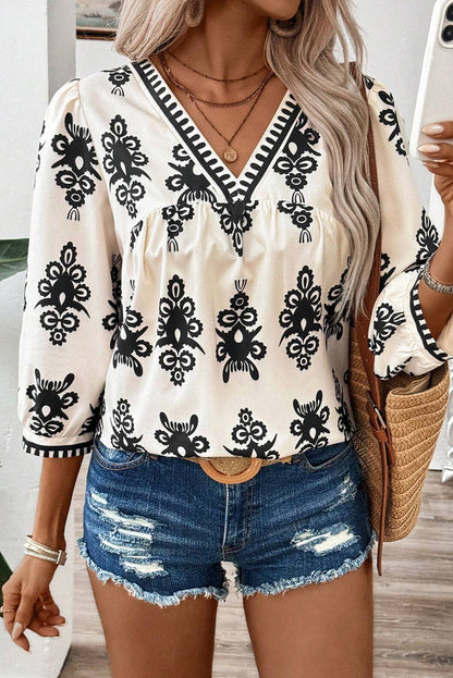 Beige Vintage Bluse mit 3/4-Ärmeln und V-Ausschnitt und geometrischem Muster
